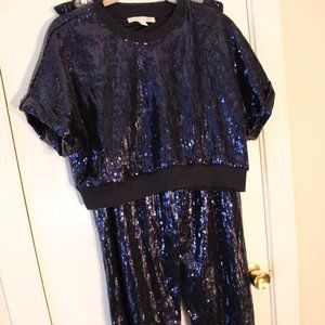 Culpos X INC Navy Blue Sequined Crop Top and Wide Leg Pant Set-Sz Large